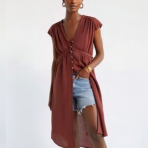 Anthropologie Rust-Brown V-Neck Button Front Tunic Top